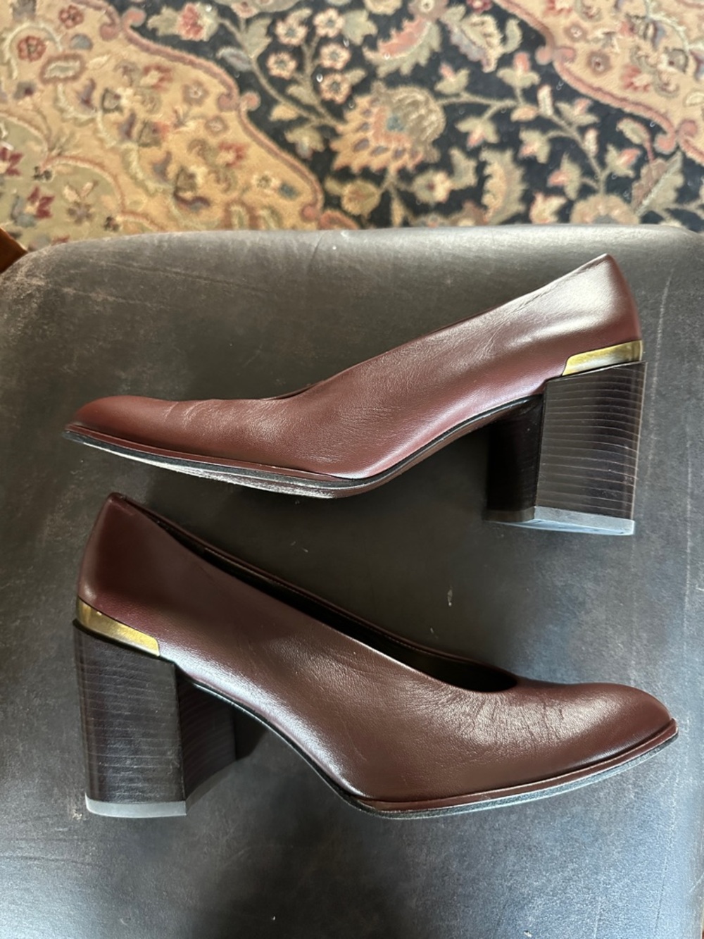 Stuart Weitzman Dark Brown Leather Block Heel Pumps with Gold Accent - Picture 2 of 11
